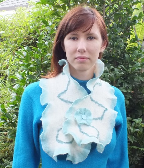Felted Scarf white and blue merino wool and silk flower brooch