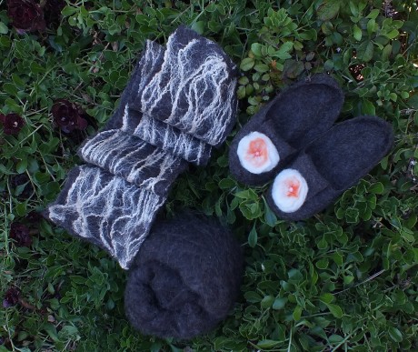 Felted slippers, scarf and wool roving