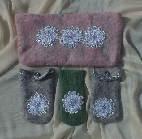 Felted wool glass or gadget cases and a cosmetics bag.