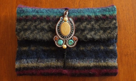 Tablet case, book cover felted up-cycled wool and soutache beads closure turquoise and brown
