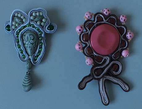 My frirst two soutache items - green pendant and pink brooch
