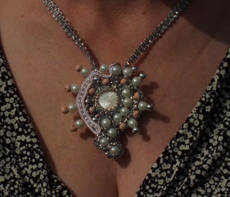 Silver and pink soutache necklace