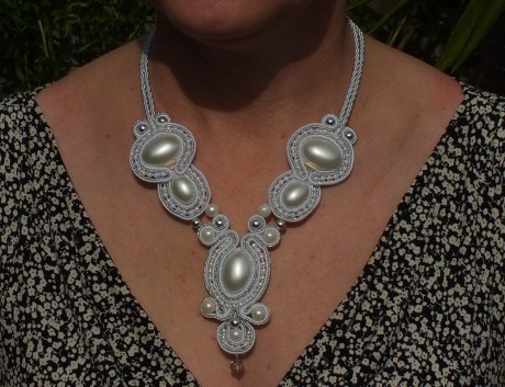 Soutache necklace white and silver imitation pearls and beads